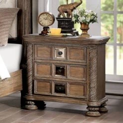 Lellen 3 Drawer Carved Details Nightstand Rustic Natural Tone - HOMES: Inside + Out