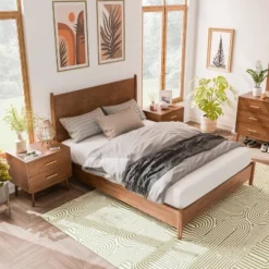 HOMES: Inside + Out 3pc Full Riverstone Mid-Century Modern Bedroom Set With 2 Nightstands Walnut