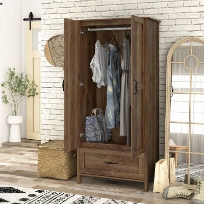 Nurembo 1 Drawer Wardrobe Closet Distressed Walnut - HOMES: Inside + Out 3 Nurembo 1 Drawer Wardrobe Closet Distressed Walnut - HOMES: Inside + Out - Image 3