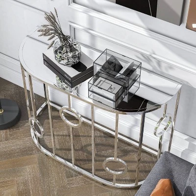Oakmonte Mirrored Semi Circle Sofa Table Chrome - HOMES: Inside + Out 3 Oakmonte Mirrored Semi Circle Sofa Table Chrome - HOMES: Inside + Out - Image 3