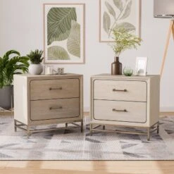 HOMES: Inside + Out Set Of 2 Neovesi Wood Nightstands Boho Oak With 2 Drawers Walnut