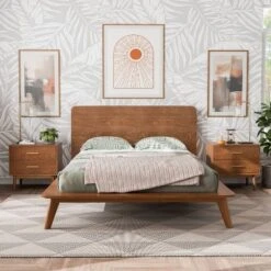 HOMES: Inside + Out 3pc Full Riverstone Mid-Century Wood Platform Bedroom Set With 2 Nightstands Walnut