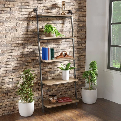 61" Mateo 5 Layer Ladder Book Shelves Brown/Oak - HOMES: Inside + Out 2 61" Mateo 5 Layer Ladder Book Shelves Brown/Oak - HOMES: Inside + Out - Image 2