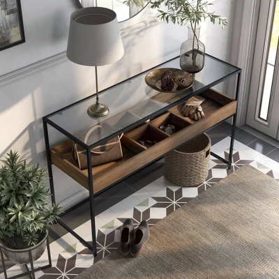 Reattie Glass Top Entryway Table Brown/Matte Black - HOMES: Inside + Out 1 Reattie Glass Top Entryway Table Brown/Matte Black - HOMES: Inside + Out