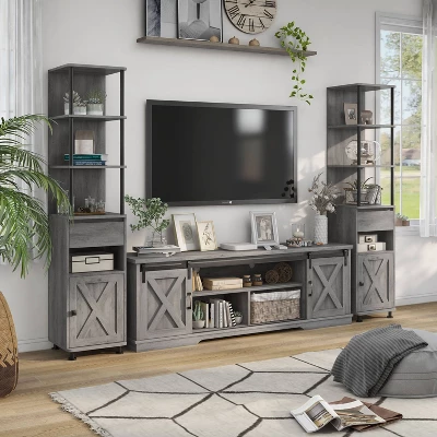3pc Clander TV Stand And Bookcase Tower Set Vintage Gray Oak - HOMES: Inside + Out 1 3pc Clander TV Stand And Bookcase Tower Set Vintage Gray Oak - HOMES: Inside + Out