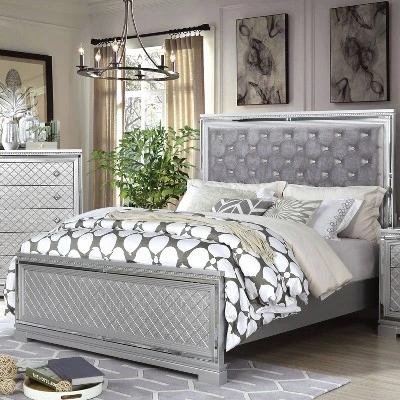 HOMES: Inside + Out Eastern King Tenaya Glam Bed With Button Tufted Headboard Silver: Upholstered Polyester Frame 1 HOMES: Inside + Out Eastern King Tenaya Glam Bed With Button Tufted Headboard Silver: Upholstered Polyester Frame
