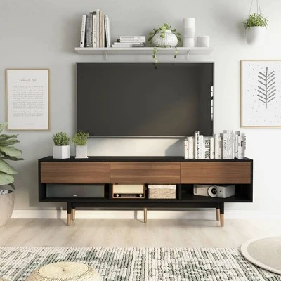 Vanore Mid-Century 3 Drawer TV Stand For TVs Up To 80" Black - HOMES: Inside + Out 2 Vanore Mid-Century 3 Drawer TV Stand For TVs Up To 80" Black - HOMES: Inside + Out - Image 2