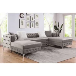 HOMES: Inside + Out Elmhurst U Shaped Deep Button Tufted Sectional With Ottoman Gray : Modular, Transitional Style Sofa