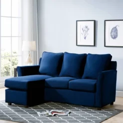 HOMES: Inside + Out Henri Upholstered Sofa Dressy Blue: Modern L-Shaped, Microfiber, Wood Legs, Foam Filled