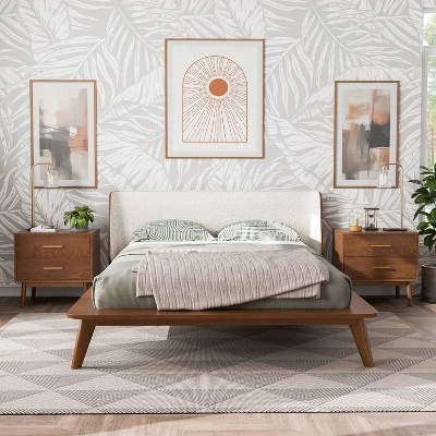 HOMES: Inside + Out 3pc Queen Riverstone Mid-Century Boucle Platform Bedroom Set With 2 Nightstands Walnut 1 HOMES: Inside + Out 3pc Queen Riverstone Mid-Century Boucle Platform Bedroom Set With 2 Nightstands Walnut