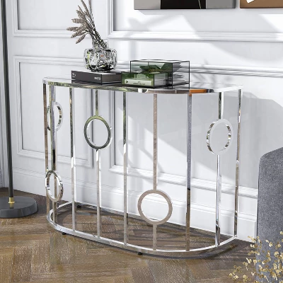 Oakmonte Mirrored Semi Circle Sofa Table Chrome - HOMES: Inside + Out 1 Oakmonte Mirrored Semi Circle Sofa Table Chrome - HOMES: Inside + Out
